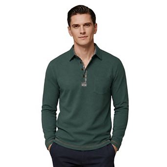 Men's Long Sleeve Contrast Placket Polo Shirt with Pocket Casual Business Top