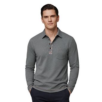 Men's Long Sleeve Contrast Placket Polo Shirt with Pocket Casual Business Top