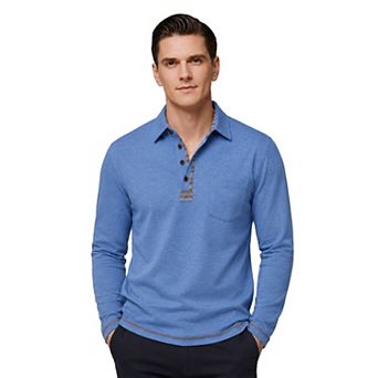 Men's Long Sleeve Contrast Placket Polo Shirt with Pocket Casual Business Top