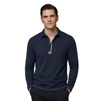 Men's Long Sleeve Contrast Placket Polo Shirt with Pocket Casual Business Top