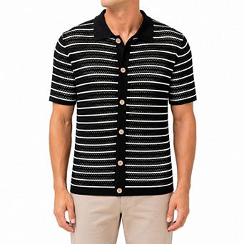 Men's Crochet Knit Short Sleeve Polo Shirt Summer Causal Button Down Top