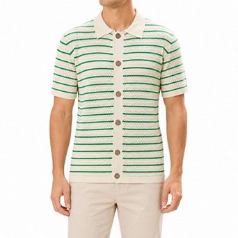 Men's Crochet Knit Short Sleeve Polo Shirt Summer Causal Button Down Top