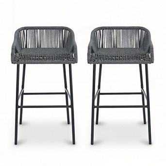 Outdoor Rope Bar Stool Set of 2, Boho Bar Chair with Backrest for Patio Kitchen Bar Cafe Poolside