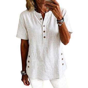 Women Mandarin Collar Half Button Short Sleeve Tunic Side Button Top