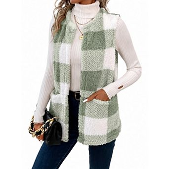 Women's Plaid Reversible Pocket Vest Cardigan Sleeveless