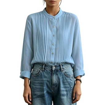 Women Mandarin Collar Pleated Front Long Sleeve Blouse Loose Casual Top