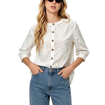 Women Floral Embroidery Round Neck 3/4 Sleeve Blouse Elegant Commuter Top