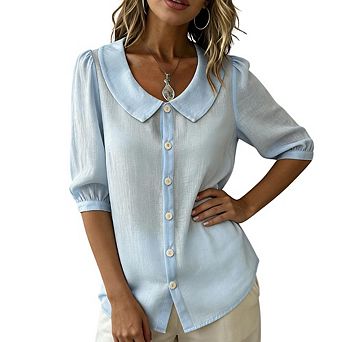 Women Peter Pan Collar Button Down Elbow Sleeve Blouse Cute Casual Top