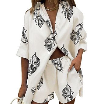 Women Leaf Print Collared Short Sleeve Button Down Blouse Vacation Top