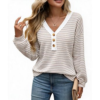 Women's V Neck Button Front Stripe Waffle Knit Long Sleeve Top