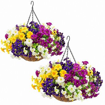 2 Set UV Resistant Faux Petunias Hanging Baskets Outdoor Porch Spring Decor