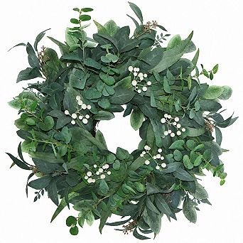 24 26 Inch Green Eucalyptus Wreath With White Berries All Season Decor