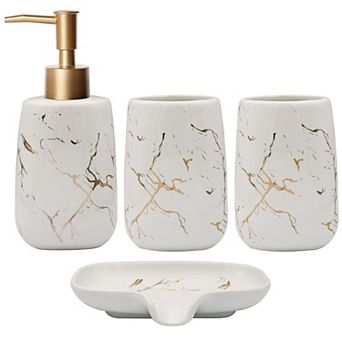 4 pc White Ceramic Bathroom Accessories Set Lotion Dispenser Soap Dish