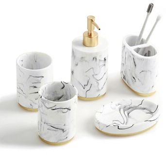 5 pc Bathroom Accessories Set Marble Resin Countertop Organizer