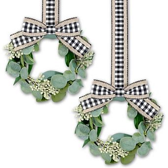 2 pc 9" Eucalyptus Wreath Artificial Greenery Wreath for Front Door Farmhouse Kitchen Cabinet