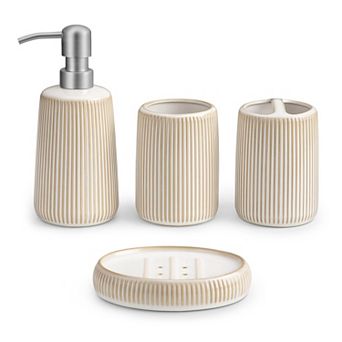 Ceramic 4 pc Modern Bathroom Accessory Set: Soap Dispenser, Toothbrush Holder, Tumbler, Dish