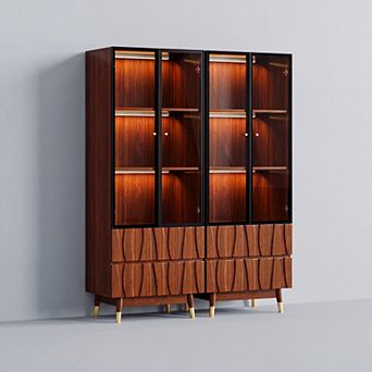23.6'' Walnut Finish 3 tier Wooden Glass China Case Bookshelf with Drawers for Kitchen, 2 pc Set