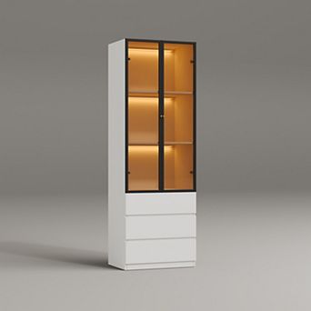 70.9''H White Glass Display Cabinet with Light, Wooden 3 tier Curio Storage Cabinet with 3 Drawers