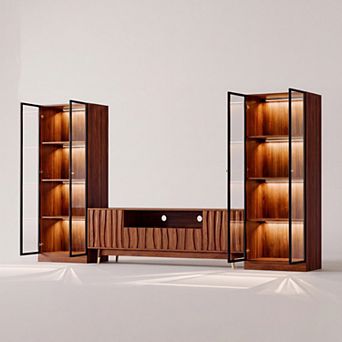 114.2''W Walnut Finish Media Console with Hutch for 45/55/65 Inch TV, Mid-century Modern TV Stand