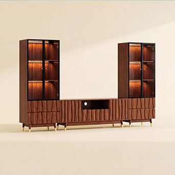 103.1" Walnut Finish Media Console 3 pc Set for TVs up to 55", Mid-century TV Stand and Shelf