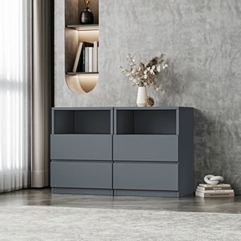 2 pc Set Drawers Cabinet Freestanding Case, Floor Nightstands with Shelf for Living Room Bed Room
