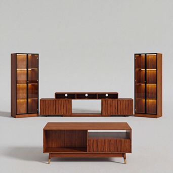 110''W to 145''W Walnut Finish Expandable Entertainment Center 4 pc Set with TV Stand and Table