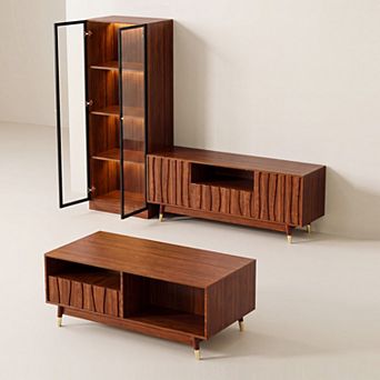 Walnut Finish Media Console Set of 3 for 35/45/55 Inch TV, Brown TV Stand with Drawers and Storage