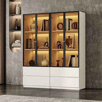3 tier Modern Glass Case with Drawers, Living Room Curio China Cabinet for Collectibles, Pack of 2