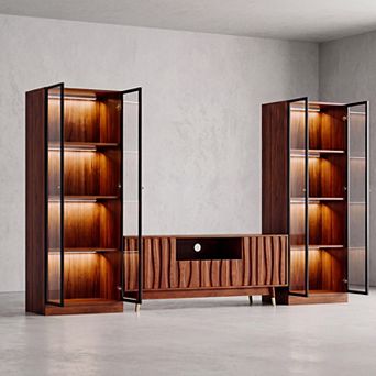 103.1''W Walnut Finish Media Console with Shelf for 35/45/55 Inch TV, Mid-century Modern TV Stand