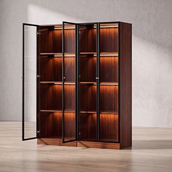 4 tier Glass Display Cabinet with Lights, Mid Century Modern Curio Cabinet 2 pc Set, Walnut