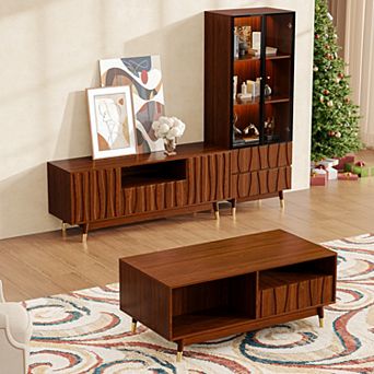79'' Walnut Finish Media Console for 55 Inch TV, TV Stand, 3 tier Glass Display Case & Coffee Table