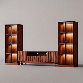 114.2'' Walnut Finish Entertainment Center, TV Stand & Two 4 tier Glass Display Cabinet with Storage