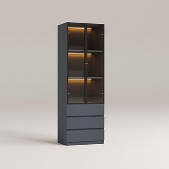 70.9''H Gray Glass Display Cabinet with Light, Wooden 3 tier Curio Storage Cabinet with 3 Drawers