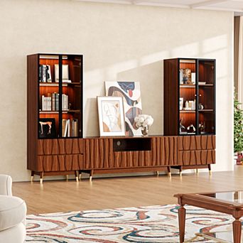 Walnut Finish Media Console Set of 3 with Two 3 tier Display Cabinet, Mid-century Modern TV Stand