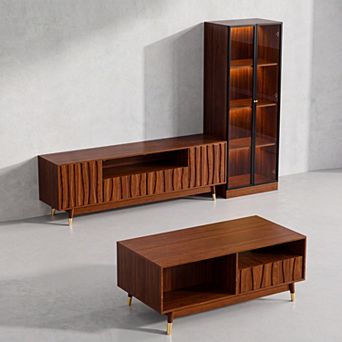 90.6''W Walnut Finish Media Console for 65'' TV, Mid Century Wooden Living Room TV Stand Set of 3
