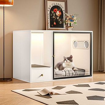 Cat Litter Box Enclosure Cabinet, Modern Wood Pet House with Light, Furniture Style Side End Table