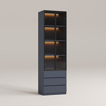 81.1''H Glass Display Shelves with Light, Wooden 4 tier Curio Storage Cabinet with 3 Drawers
