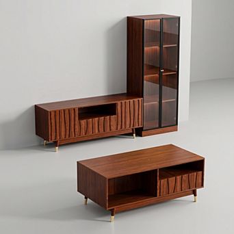 79.5''W Walnut Finish Entertainment Center, TV Stand, 4 tier Glass Display Cabinet and Coffee Table