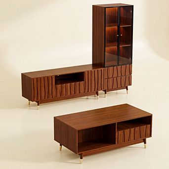 79.5'' Walnut Finish Media Console with Storage, Mid-century Modern TV Stand, Cabinet & Table Set