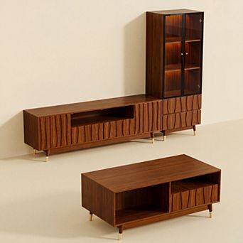 90" Walnut Finish Entertainment Center for 55/65 Inch TV, Living Room Wooden Three-Piece Cabinet Set