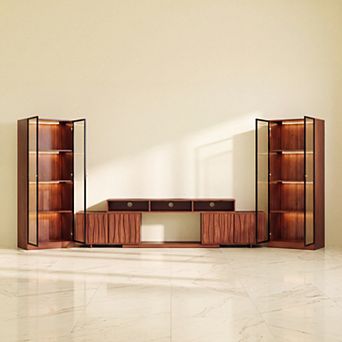 Mid-Century Modern Entertainment Center, for 55100 Inch TV, Expandable TV Stand with Glass Cabinets
