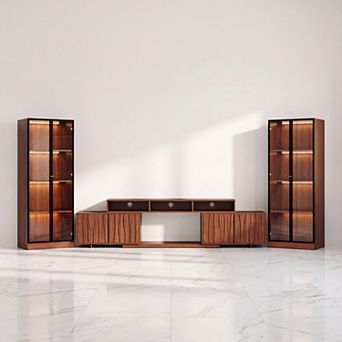 110''-145''W Walnut Finish Expandable Entertainment Center 3 pc Set, Wooden TV Stand with Storage