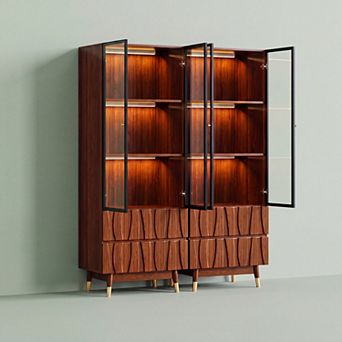 23.6''W Walnut Finish 3 tier Glass Display Shelf with Storage, China Cabinet for Kitchen, Pack of 2