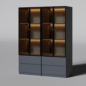 63''H Glass Display Cabinet Case with Storage, Wooden Modern Bookshelf Hutch for Kitchen, Pack of 2