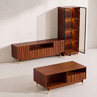 Walnut Finish Entertainment Center with TV Stand for 45/55/65 Inch TV, Living 3 pc Cabinet Set