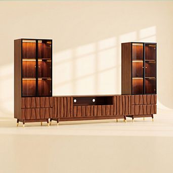 114'' Walnut Finish Entertainment Center for 45/55/65 Inch TV with Storage, TV Stand & 3 tier Shelf
