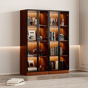 63'' Walnut Finish 4 tier Glass Display Cabinet, Modern China Hutch for Dining Room, 2 pc Set