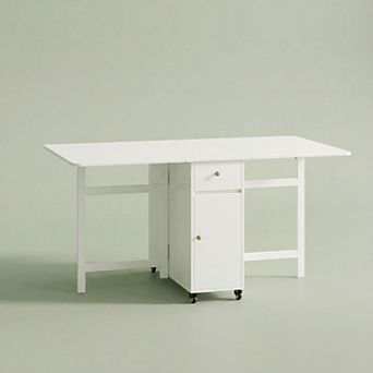 12-59''W Folding Dining Table with Drop Leaves, No Assembly Kitchen Island with Wheels and Drawer