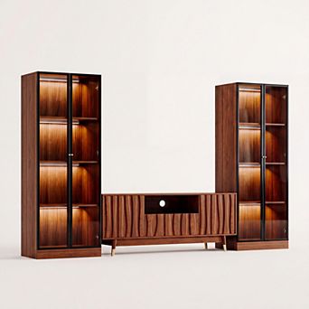 103.1'' Walnut Finish Entertainment Center, TV Stand & Two 4 tier Glass Display Cabinet with Storage