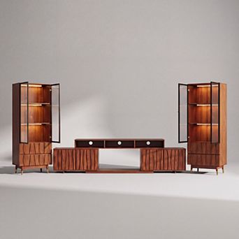 Walnut Finish Expandable Entertainment Center, TV Stand, 2 Glass Display Cabinets for 55100 Inch TV